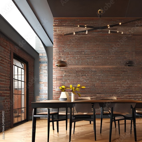 Dining room with an exposed brick wall3, Generative AI photo