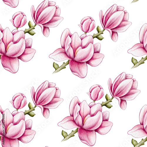 Seamless watercolor romantic floral pattern on a white background. Seamless spring pattern with a bouquet of magnolia. Vintage wallpaper with flowers in pastel colors. Design for textiles  wallpaper 