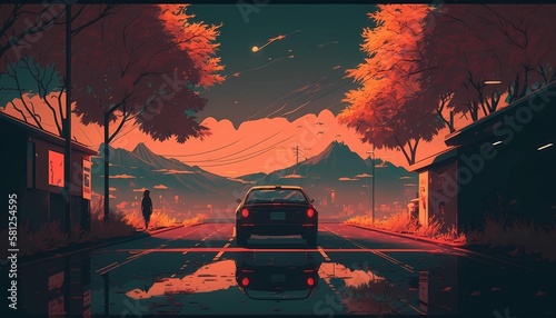 Lofi style car and beautifyl sky in retro style