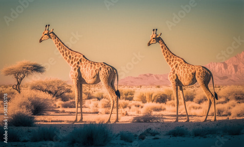 Giraffes in african savannah at sunset