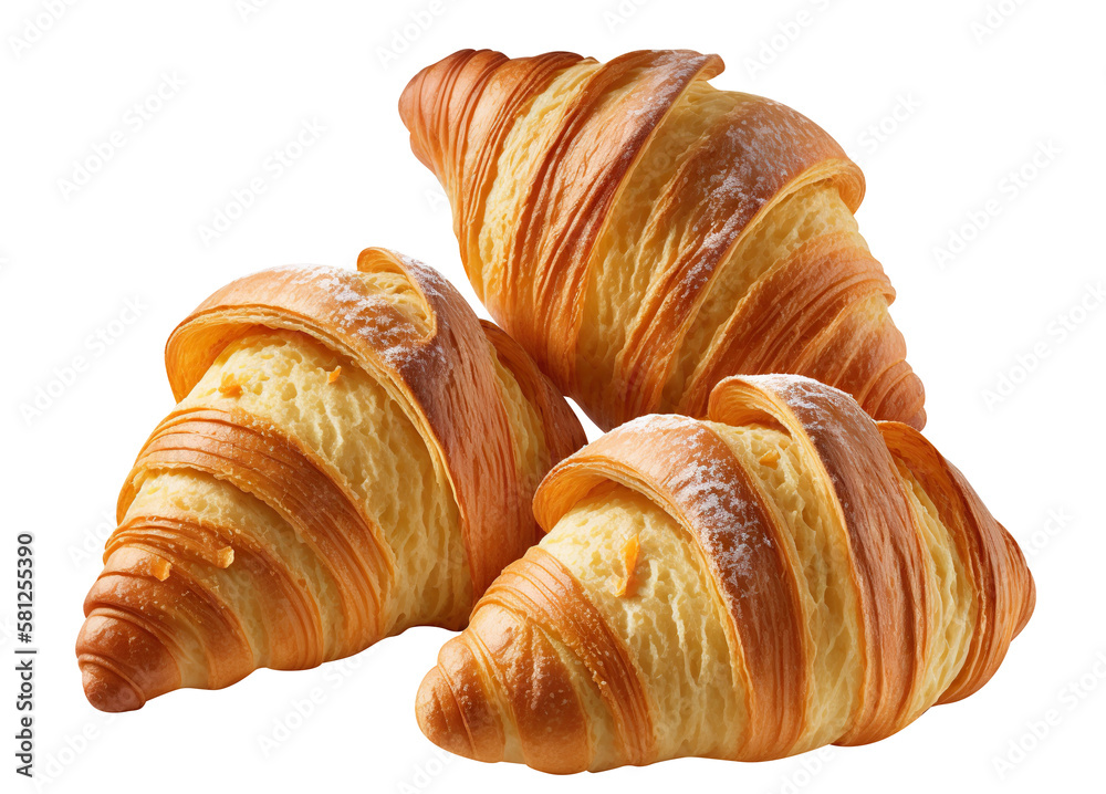 Three delicious croissants cut out. Based on Generative AI