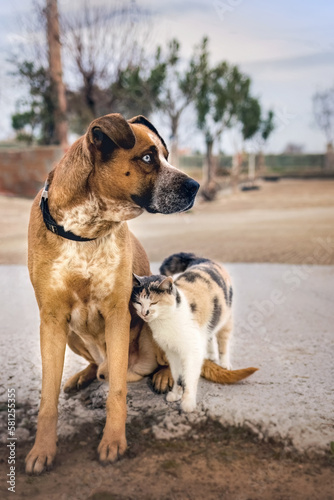 Boxer husky dog and cat are best friends together on the yard.