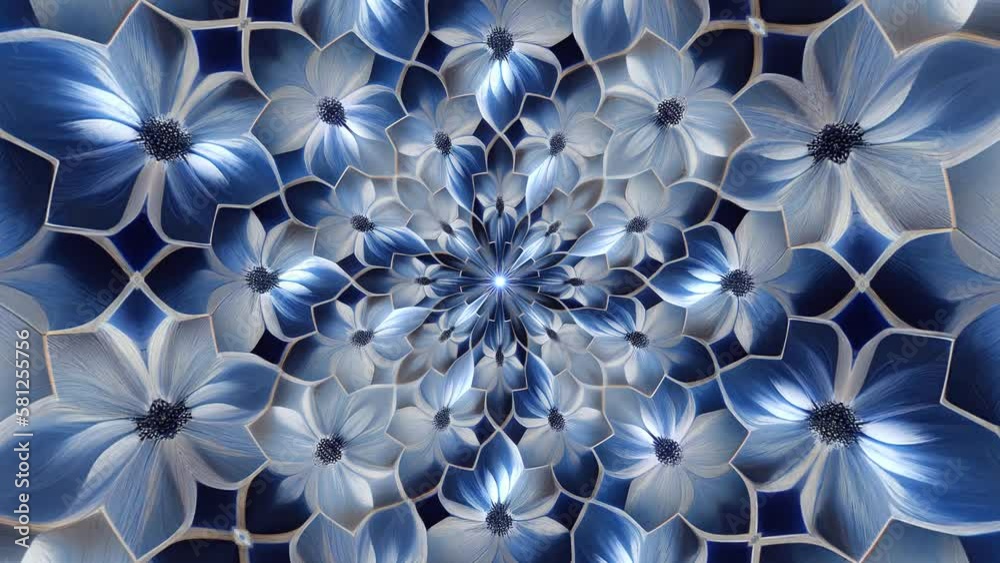 Rotating Endless blooming blue flower pattern background seamless loop