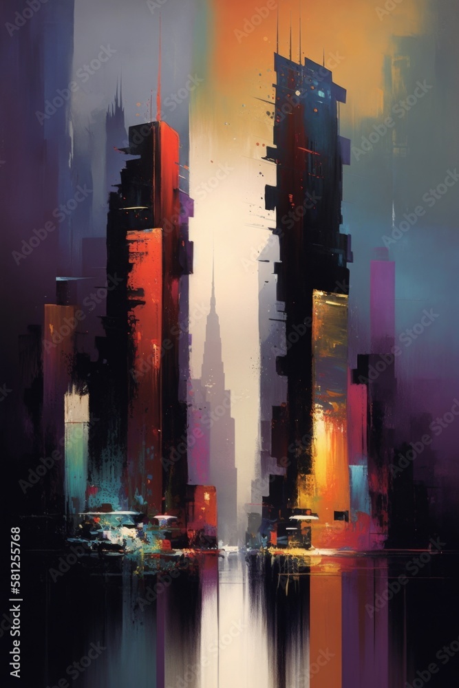 abstract art painting of modern city skyline at sunset - generative ai