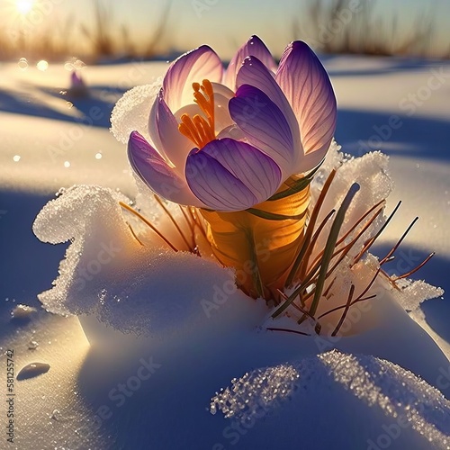 Digital Illustration of a Crocus Flower or Plant in the Snow, Sudden Snowfall Burying Spring Flowers, Concept Early Spring, Renewal. Made in part with Generative AI.
 photo