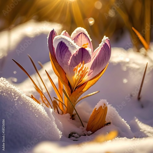 Digital Illustration of a Crocus Flower or Plant in the Snow, Sudden Snowfall Burying Spring Flowers, Concept Early Spring, Renewal. Made in part with Generative AI. 