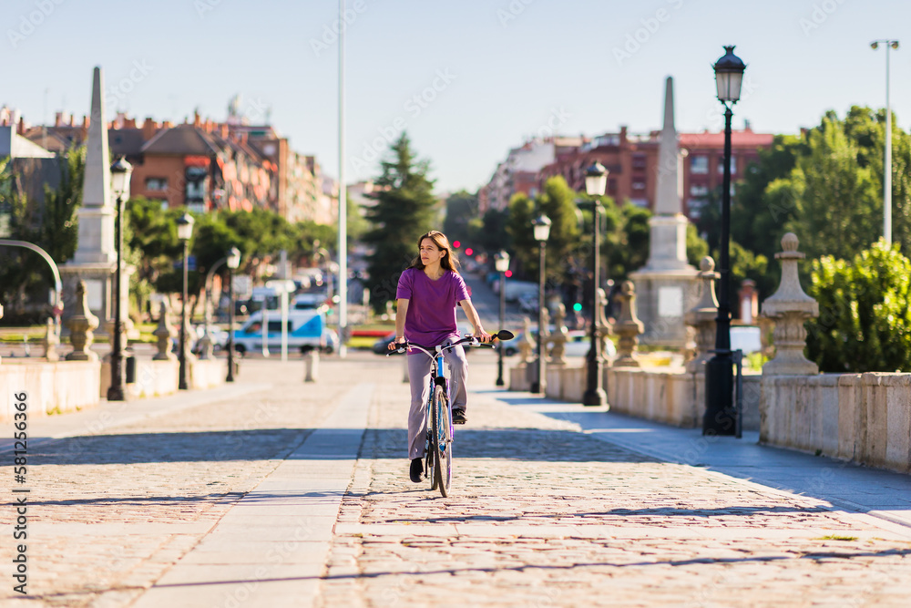 Ecological sustainable environment bicycle lifestyle. active people. Uruguayan latina female