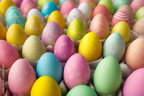 Many beautiful colorful bright Easter eggs. Painted eggs. Religious holiday, wallpaper, background. Generative AI