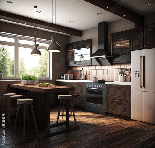 3d rendering modern dark wood kitchen Generative AI  