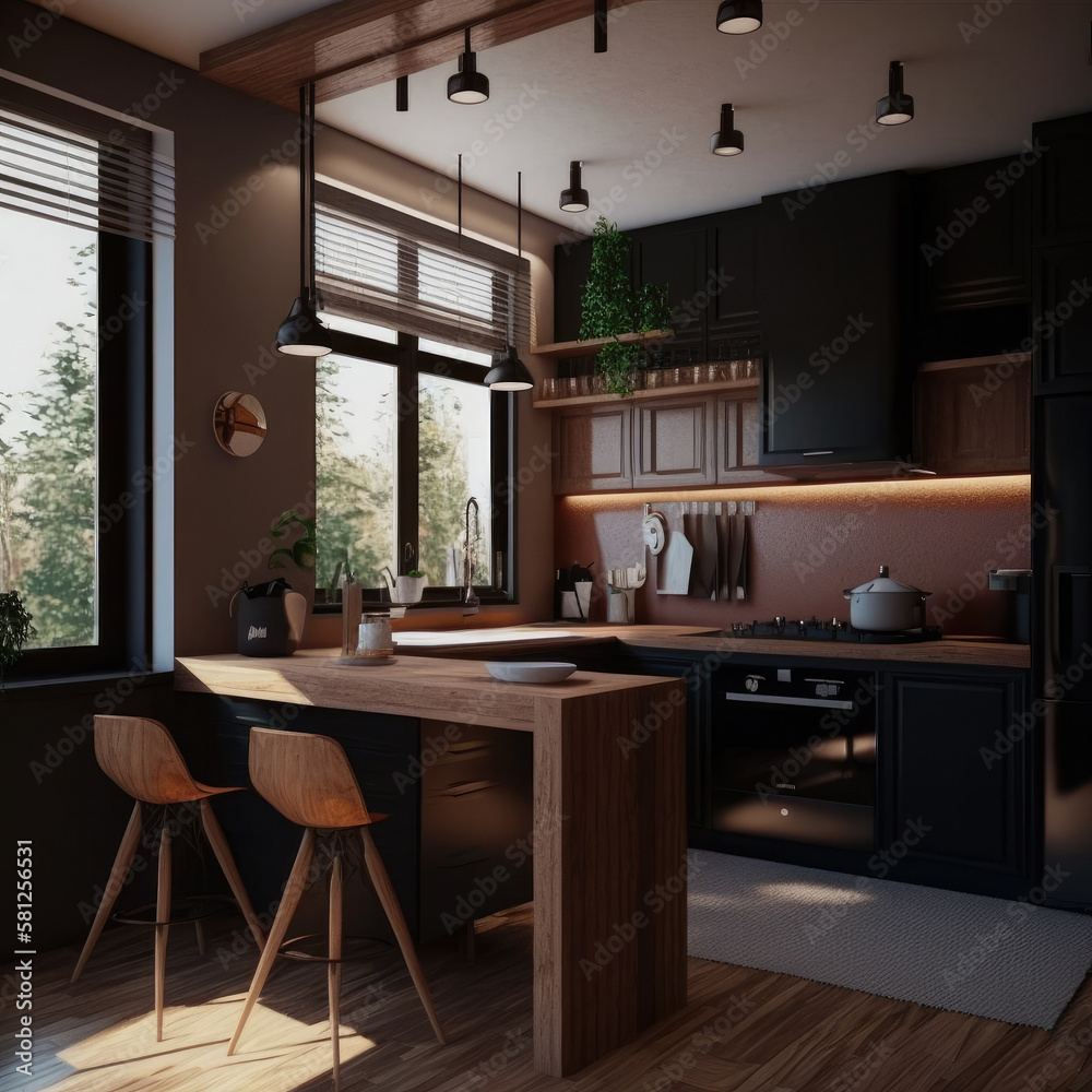 3d rendering modern dark wood kitchen Generative AI