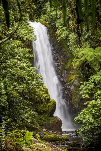 A powerful waterfall cascades down a green foliage covered cliffside