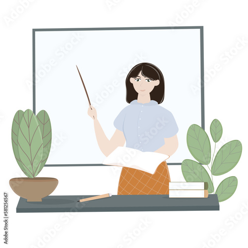 Woman teacher with a pointer at the blackboard with a book in her hands. Education at school, university, college.