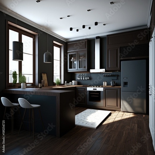 3d rendering modern dark wood kitchen Generative AI
