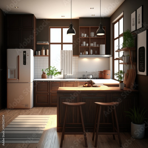 3d rendering modern dark wood kitchen Generative AI