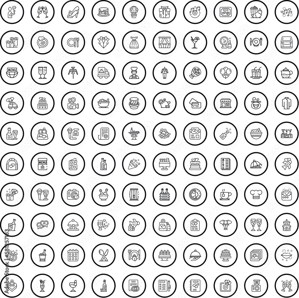 100 banquet icons set. Outline illustration of 100 banquet icons vector set isolated on white background