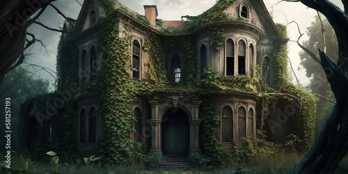 decrepit mansion with broken windows and overgrown vines creeping up walls, concept of Abandoned and Neglected, created with Generative AI technology photo