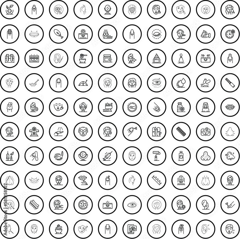 100 beauty icons set. Outline illustration of 100 beauty icons vector set isolated on white background 100 beauty icons set. Outline illustration of 100 beauty icons vector set isolated on white background