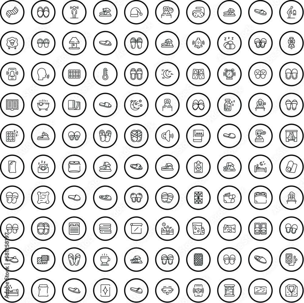 100 bedroom icons set. Outline illustration of 100 bedroom icons vector set isolated on white background