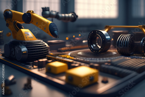 ILUSTRACIÓN EN DETALLE DE MAQUINARIA FUTURISTA Y MOTORES ELECTRICOS Y BATERIAS ESTACIONARIAS , IMAGEN EN PRIMEROS. GENERADA CON IA