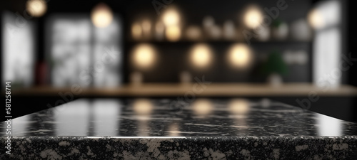Modern empty dark gold marble table top on blurry bokeh room interior background or restaurant. holiday concept. for montage product display. digital ai art  © Viks_jin