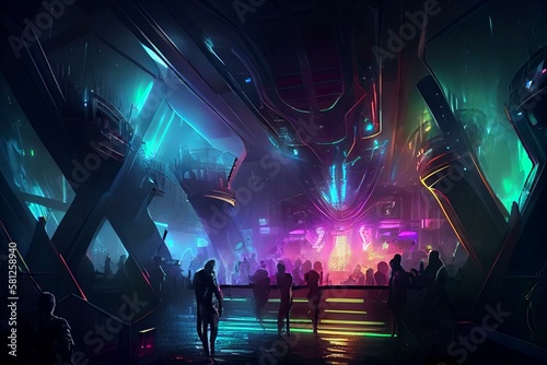 A futuristic nightclub with pulsing lights and a lively atmosphere. Generative AI