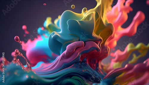 Background of waves and splashes of colorful paints colliding and undulating mixing. Created with AI generated tools.