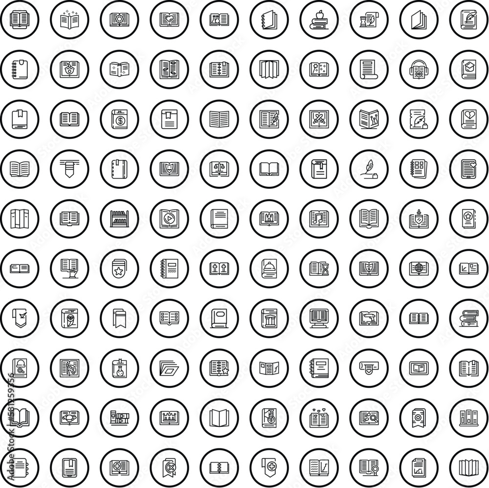 100 book icons set. Outline illustration of 100 book icons vector set isolated on white background