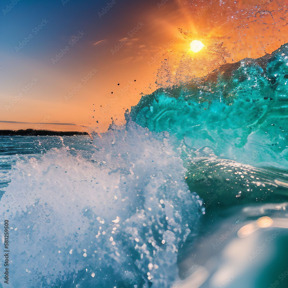 Sunset wave splash summer background with generative ai