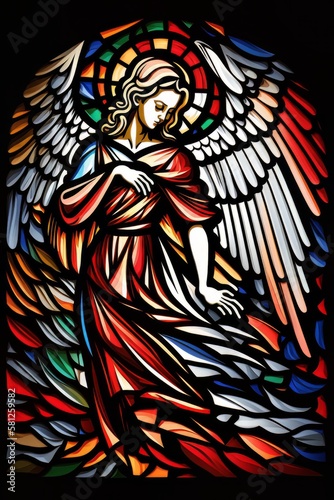 Beautiful Digital Illustration of an Abstract Stained Glass Window, Colorful, with an Angel Design. Made in part with generative AI. 