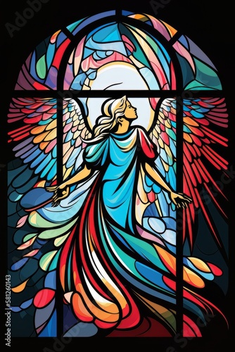 Beautiful Digital Illustration of an Abstract Stained Glass Window  Colorful  with an Angel Design. Made in part with generative AI. 