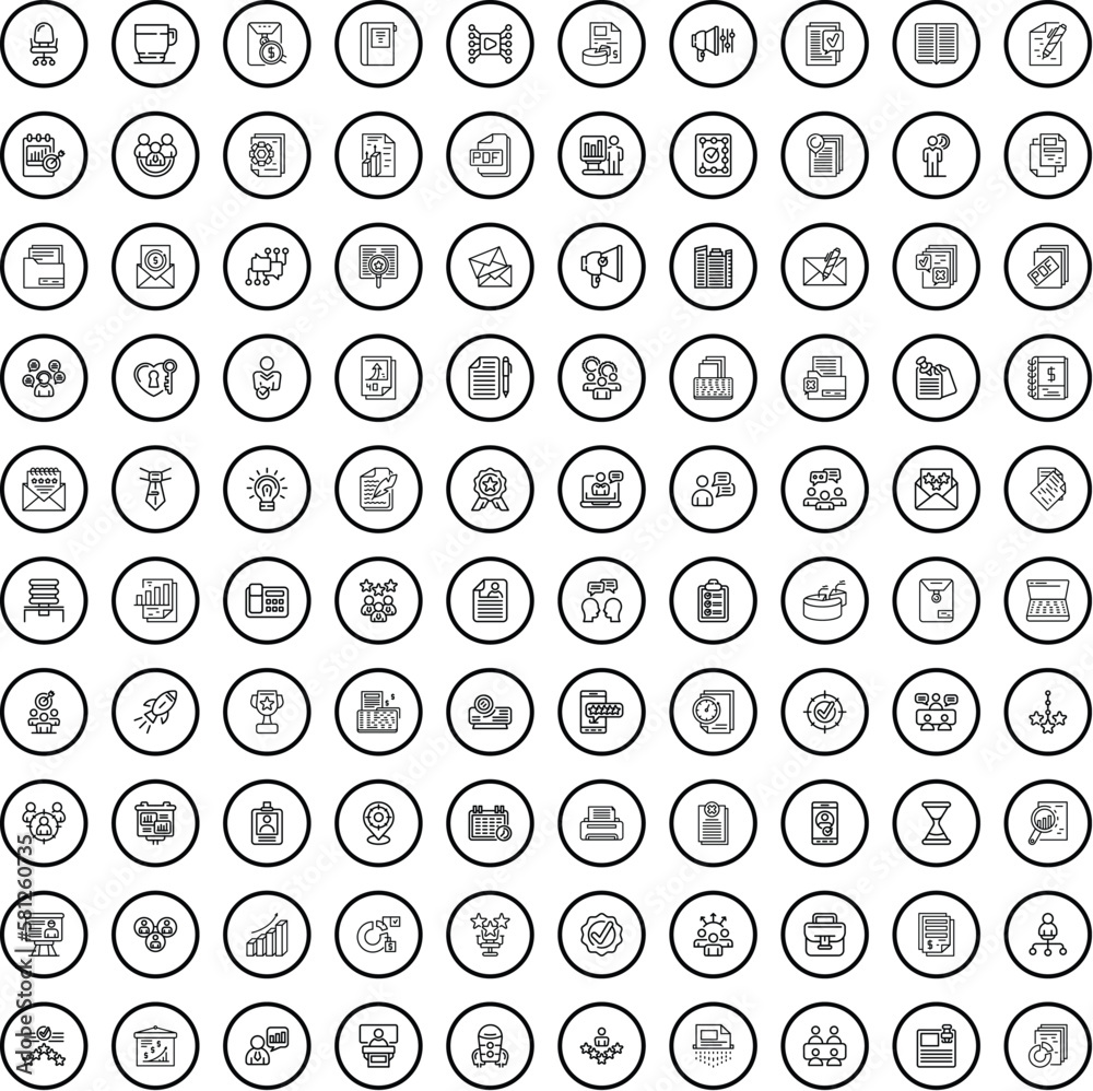 100 business icons set. Outline illustration of 100 business icons vector set isolated on white background 100 business icons set. Outline illustration of 100 business icons vector set isolated on white background