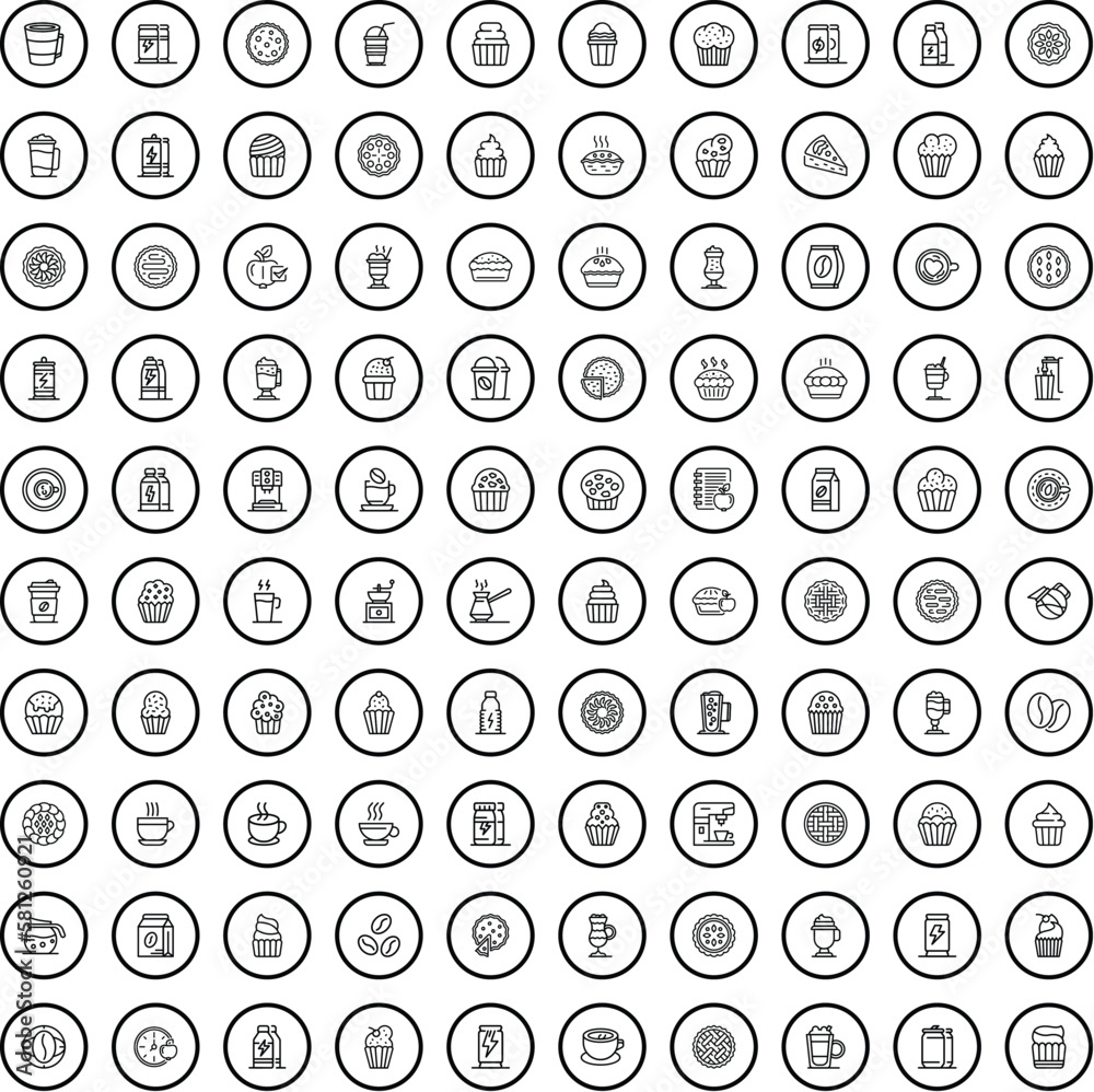 100 cafe icons set. Outline illustration of 100 cafe icons vector set isolated on white background