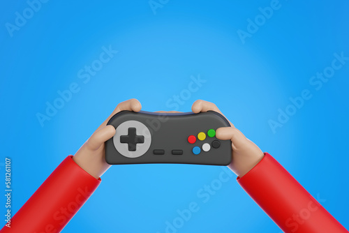 Hand holding wired retro game controller for gamer ready to play, 3D rendering.