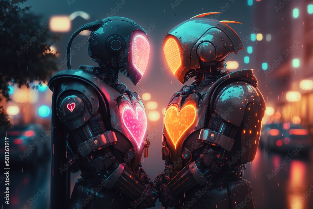Robots in love in cyber city in a rain, AI generative Robots in love in cyber city in a rain, AI generative