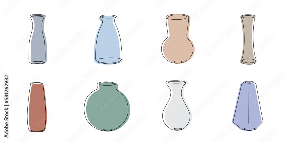 Set of flower vases in line art style.