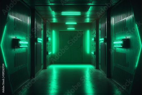 Neon, glowing, blue, green, cyber, retro, Sci fi, futuristic, Concrete, Glossy, Grunge, tunnel, underground, corridor, hallway, basement, hangar, showcase, showroom, made with Generative AI 