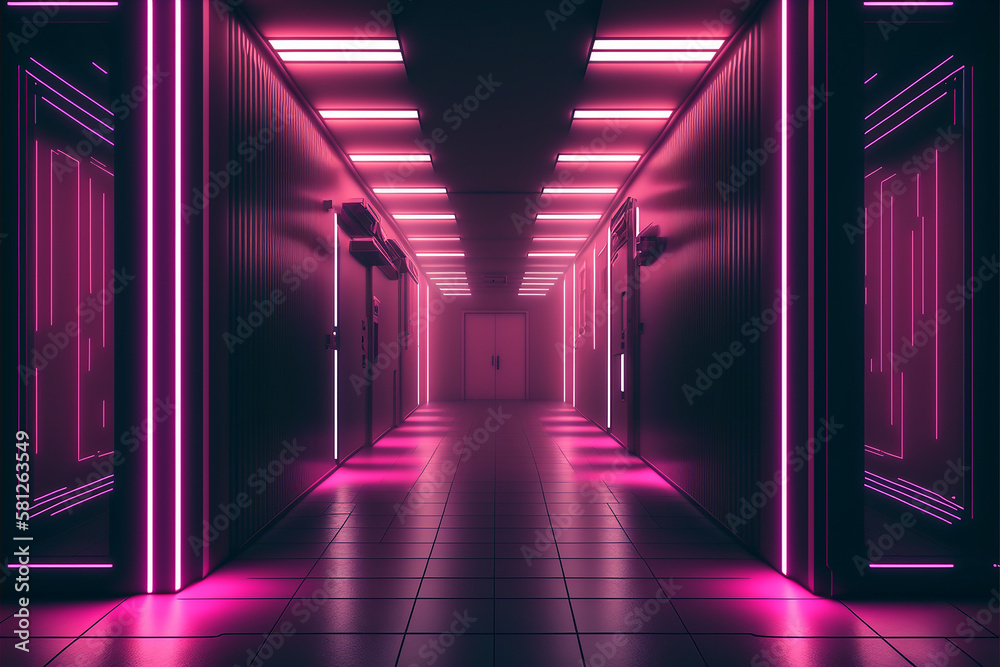 Neon, glowing, purple, pink, cyber, retro, Sci fi, futuristic, Concrete, Glossy, Grunge, tunnel, underground, corridor, hallway, basement, hangar, showcase, showroom, made with Generative AI