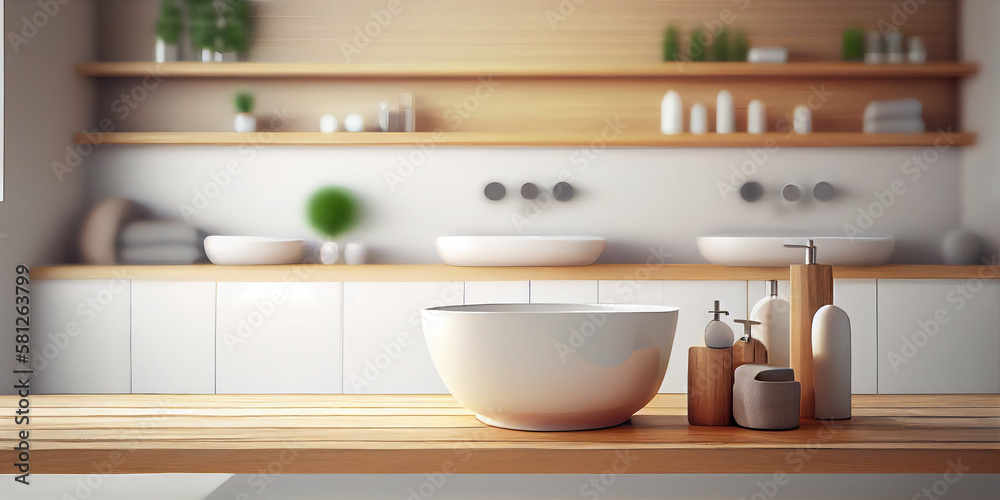 Empty wooden table top for product display with blurred bathroom ...