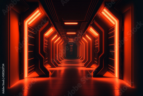 Neon, glowing, red, orange, cyber, retro, Sci fi, futuristic, Concrete, Glossy, Grunge, tunnel, underground, corridor, hallway, basement, hangar, showcase, showroom, made with Generative AI