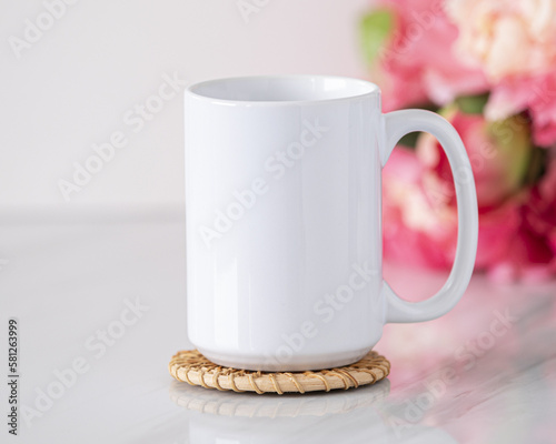 15 oz white ceramic coffee mug mockup, Empty mug mock up for design promotion. photo