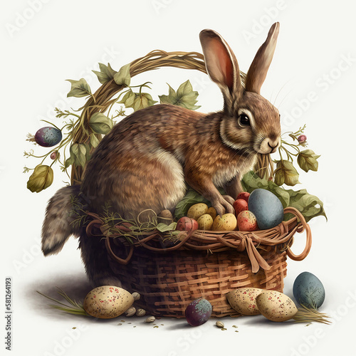 Rabbit in a basket with eggs, bunny, easter, made with generative AI © Basilix Digital 
