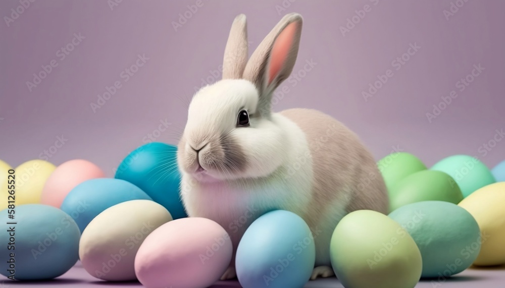 Digital easter bunny with pastel colors and colored easter eggs. Backgrounds and pastel colors. Eggs and bunnies of different sizes and colors. Generated by AI.
