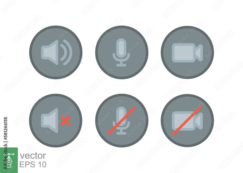 Speaker, Mic and Video Camera icon set. Simple filled outline style for Video Conference, Webinar and Video chat. Microphone, audio, sound, mute, off concept. Vector illustration isolated. EPS 10. Speaker, Mic and Video Camera icon set. Simple filled outline style for Video Conference, Webinar and Video chat. Microphone, audio, sound, mute, off concept. Vector illustration isolated. EPS 10.