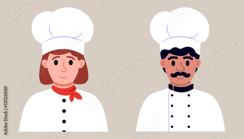 Portraits Of Restaurant Chiefs. Woman And Man Professional Vector Illustration In Flat Style