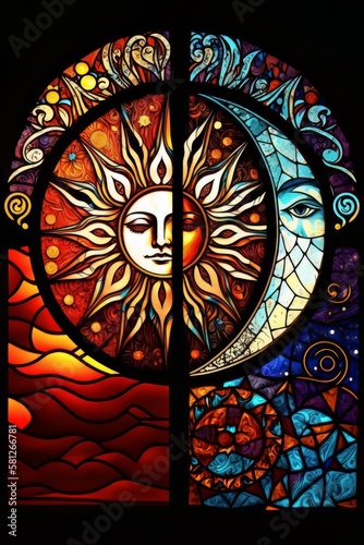Beautiful Digital Illustration of an Abstract Stained Glass Window, Sun and Moon Design, Astronomical, Sky, Colorful. Made in part with generative AI. 