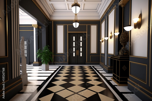 Ornate foyer of an art deco geometric style building from 1920 s.  Generative AI.