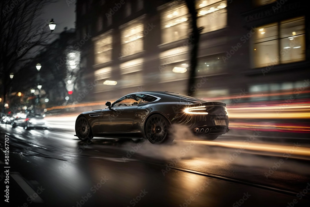 Photorealistic ai artwork concept of a stylish and classy luxury car driving fast on reflective, modern city streets. Generative ai.