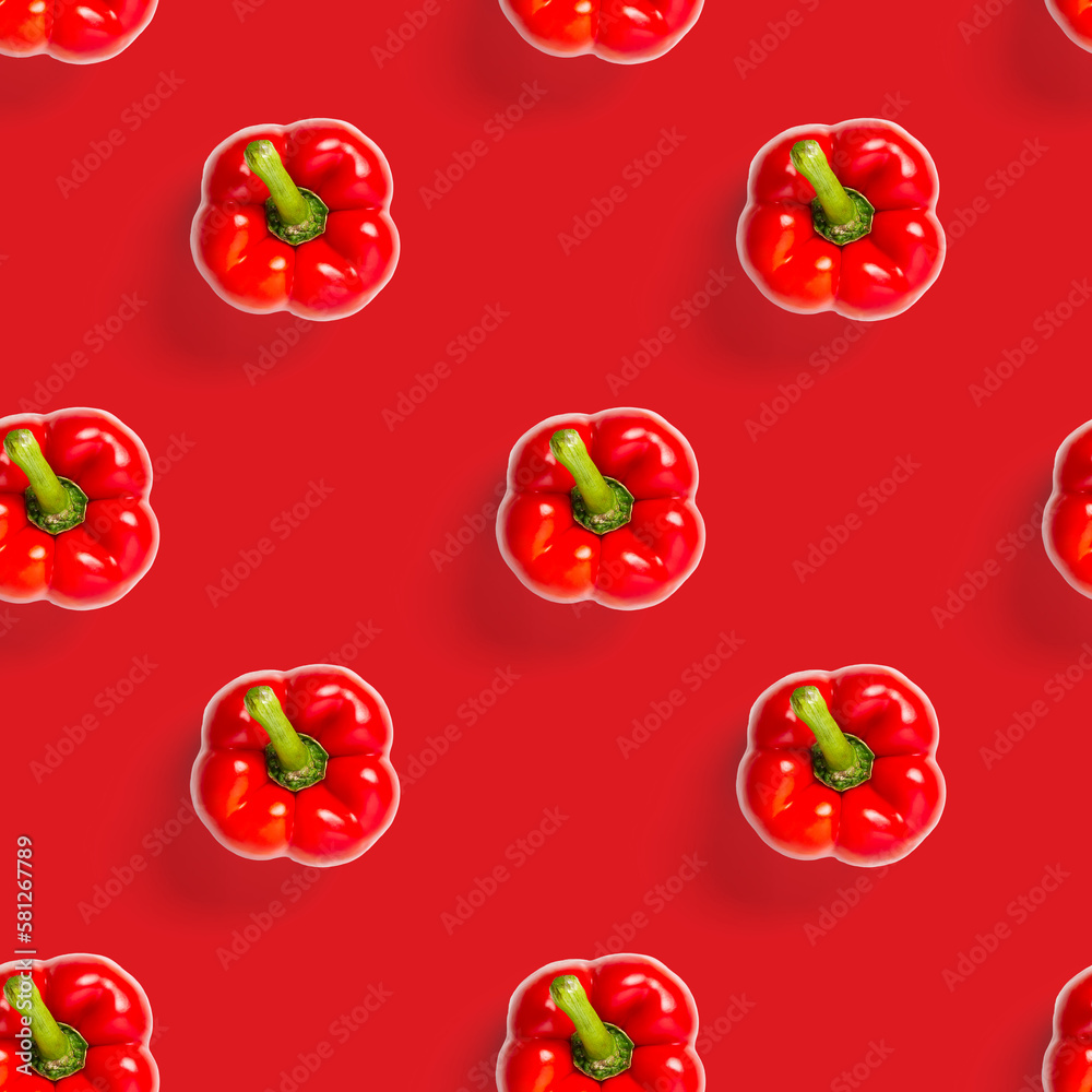 seamless pattern of bulgarian red pepper on red background. paprika wallpaper, sweet pepper print pattern, top view, flat layout, isolated. seamless pattern of bulgarian red pepper on red background. paprika wallpaper, sweet pepper print pattern, top view, flat layout, isolated.