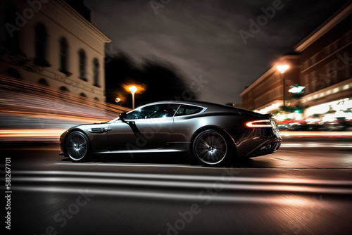 Photorealistic ai artwork concept of a stylish and classy luxury car driving fast on reflective, modern city streets. Generative ai. © JG Marshall