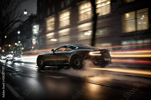 Photorealistic ai artwork concept of a stylish and classy luxury car driving fast on reflective, modern city streets. Generative ai.